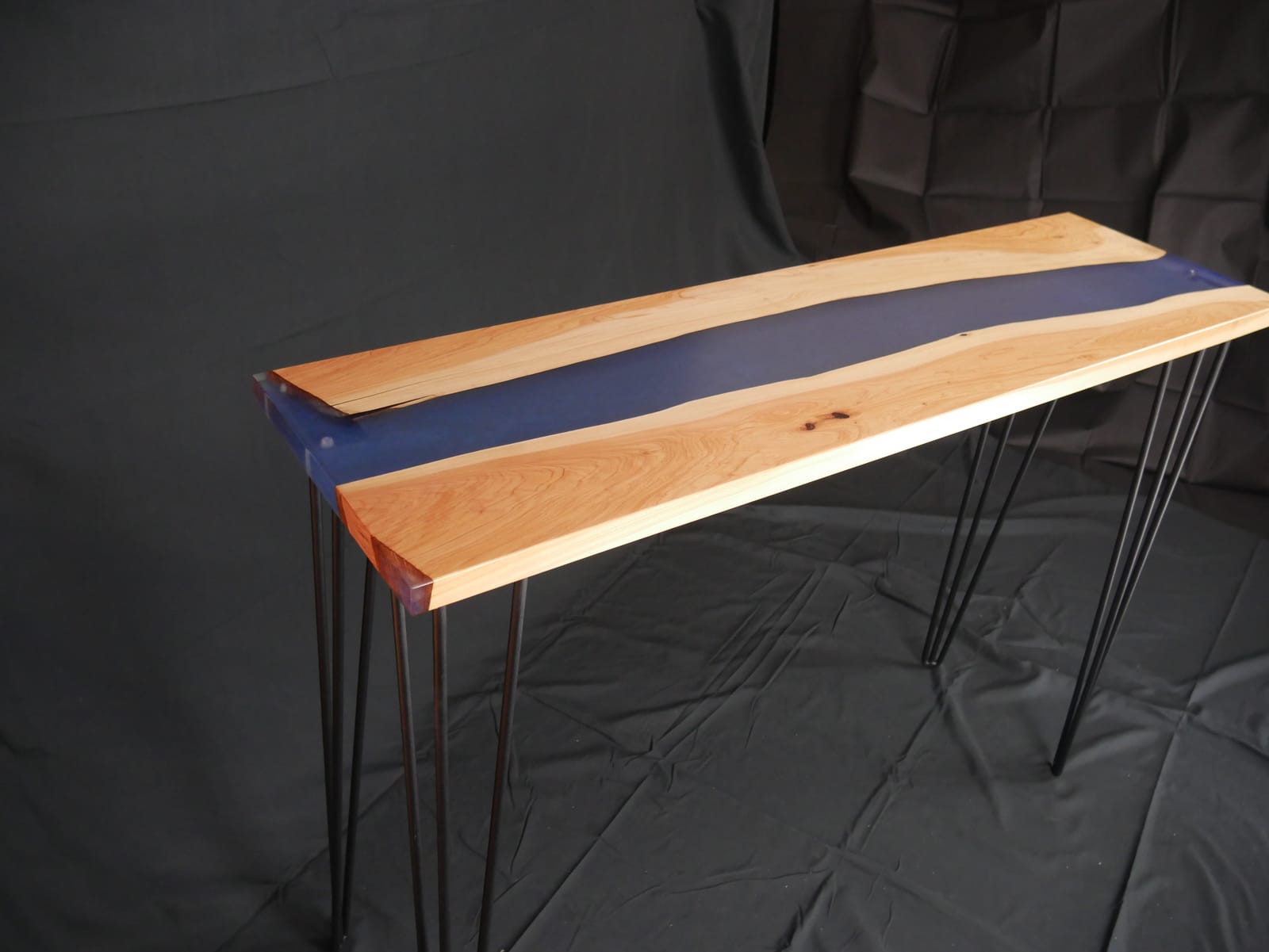 Pine hallway table with blue translucent resin (sold)